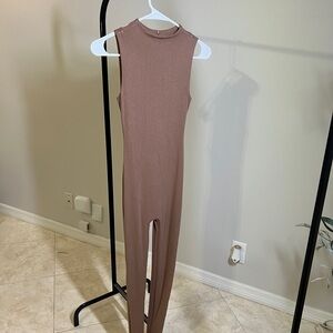 Naked Wardrobe Tan Jumpsuit High Neck Slim Fit